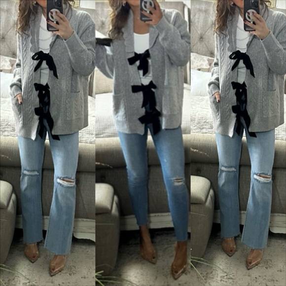 Last one ❤️New🍂 🎀 Velvet Bow Cable Cozy Statement Cardigan - Picture 2 of 10